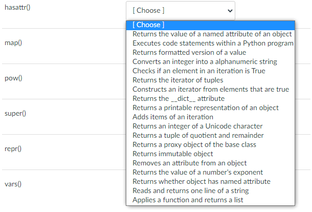 Solved hasattr() mapo powo) [Choose ] [Choose ] Returns the | Chegg.com