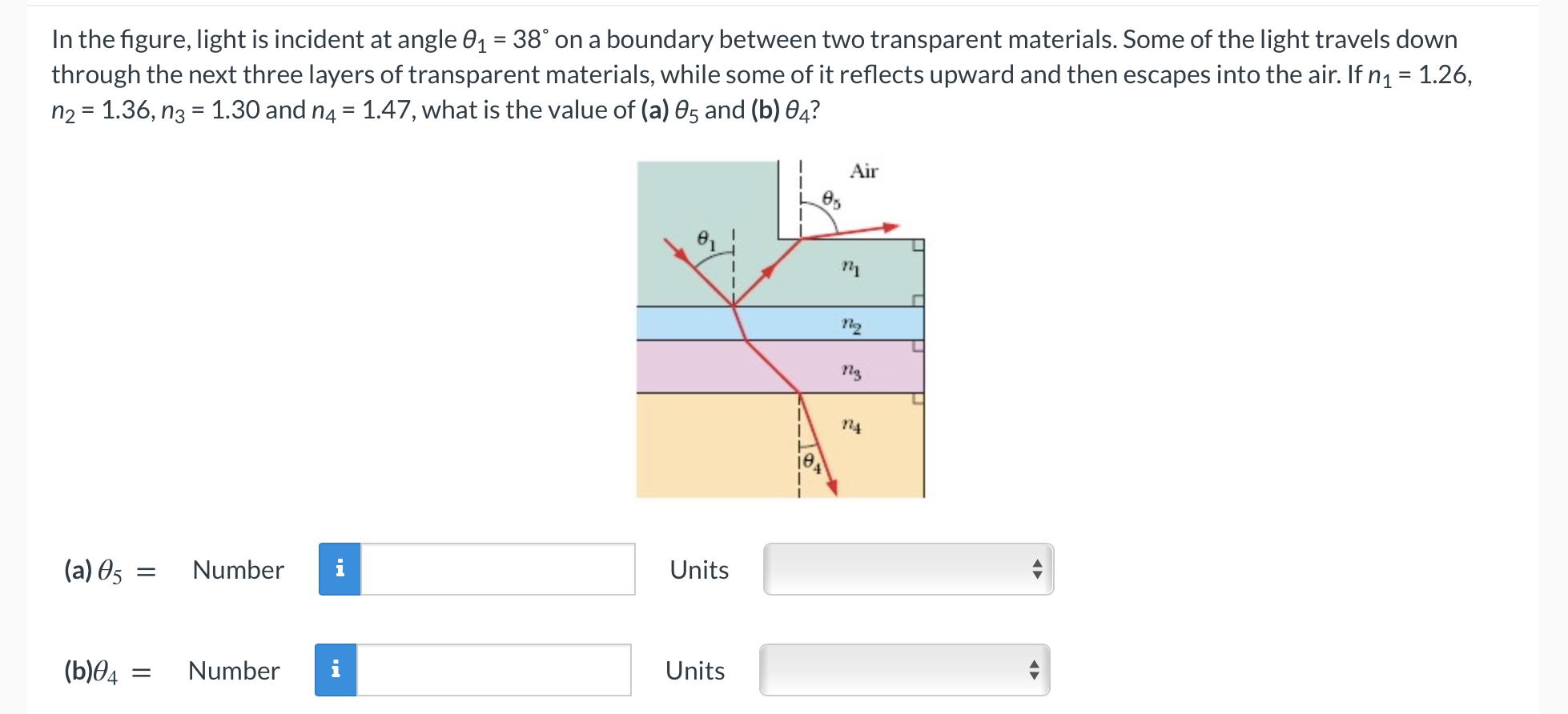 Solved In the figure, light is incident at angle 01 = 38° on | Chegg.com