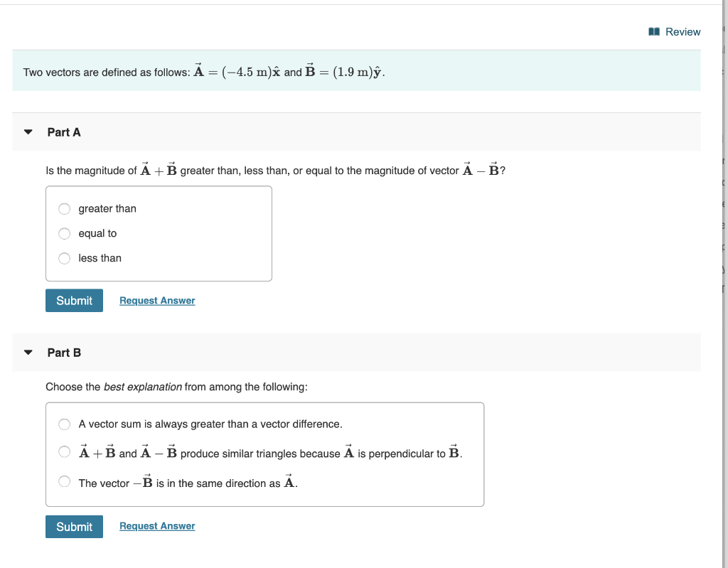 Solved 1 Review Two Vectors Are Defined As Follows A Chegg Com