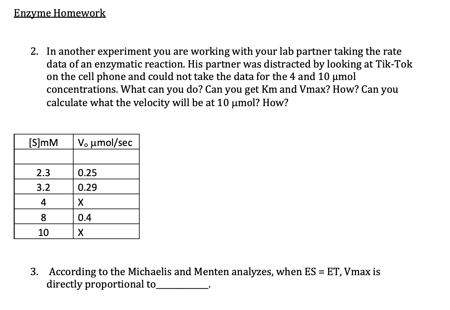 Solved Enzyme Homework 2. In another experiment you are | Chegg.com