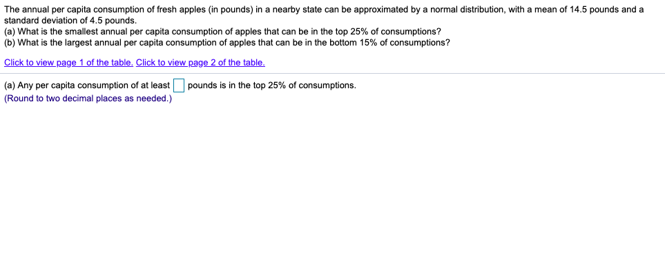 Solved The annual per capita consumption of fresh apples (in | Chegg.com