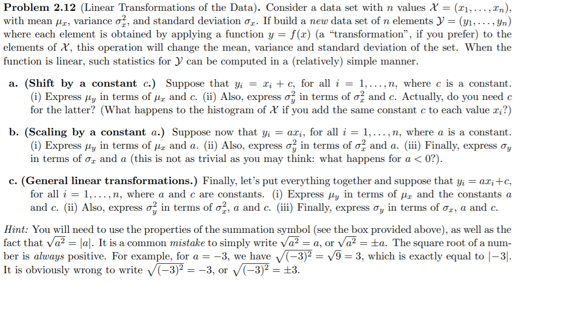 Solved Problem 2 12 Linear Transformations Of The Data Chegg Com