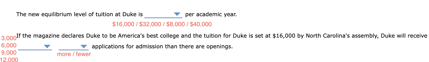 The new equilibrium level of tuition at Duke is per academic year.
\[
\$ 16,000 / \$ 32,000 / \$ 8,000 / \$ 40,000
\]
3,000 I