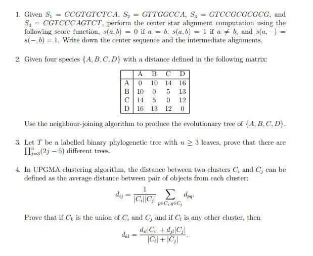 Solved 1. Given S1=CCGTGTCTCA,S2=GTTGGCCA,S3=GTCCGCGCGCG, | Chegg.com