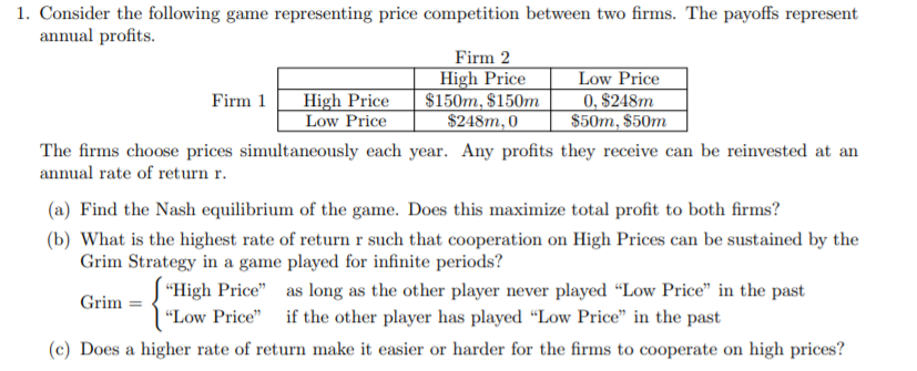 Solved 1. Consider the following game representing price | Chegg.com