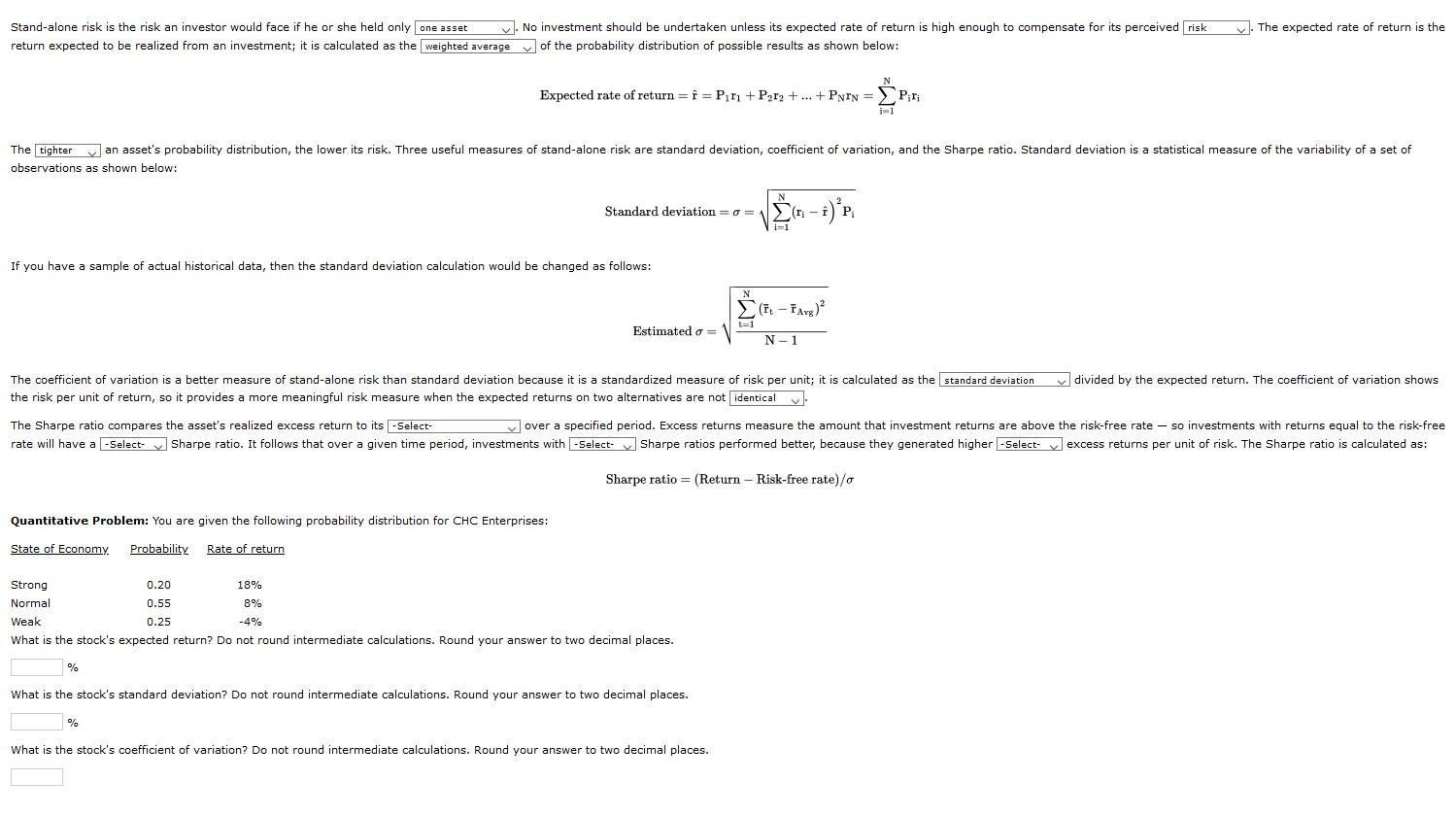 Solved The expected rate of return is the Standalone risk