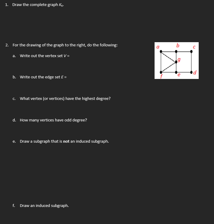 1. ﻿Draw the complete graph K6.2. ﻿For the drawing of