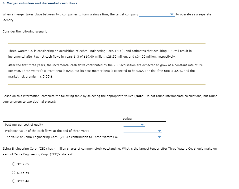 Solved 4. Merger valuation and discounted cash flows When a | Chegg.com