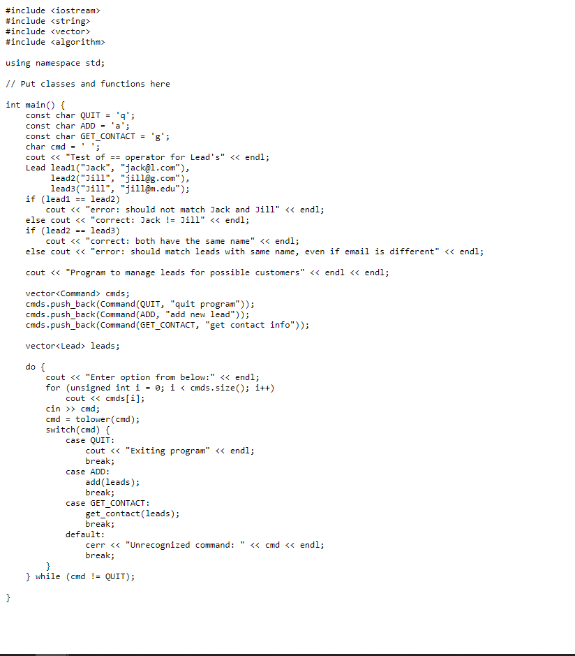 Solved Program created with C++, cust_leads.cpp included | Chegg.com
