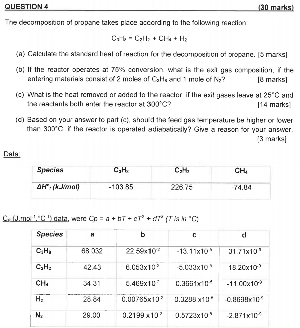 Solved QUESTION 4 (30 marks) The decomposition of propane | Chegg.com