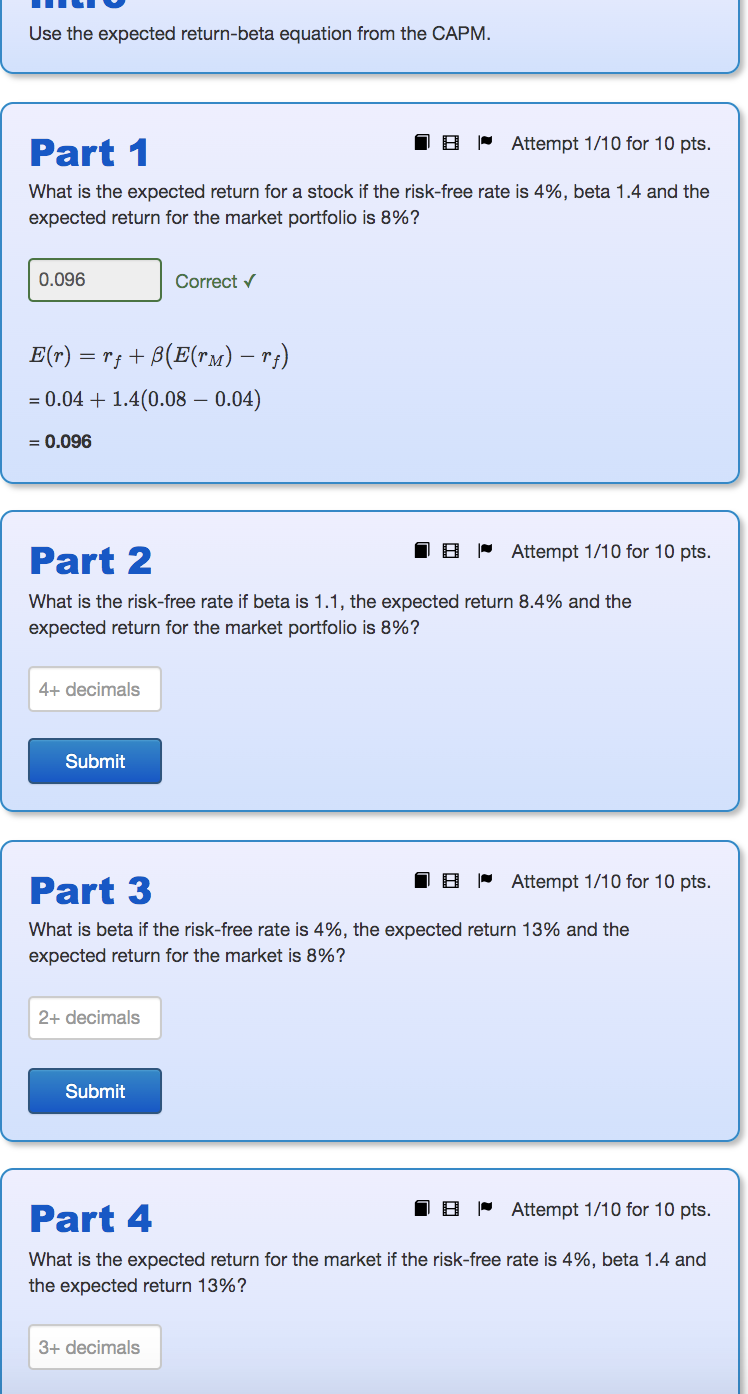 Solved Use the expected return-beta equation from the CAPM. | Chegg.com