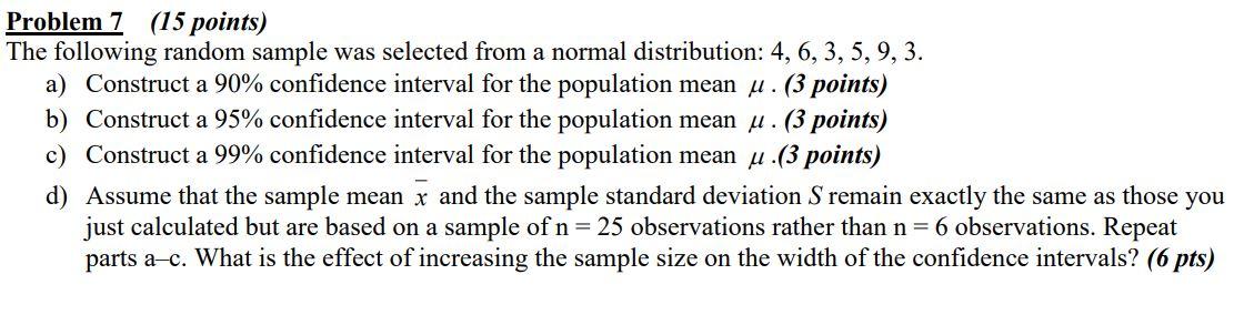 Solved Problem 7 (15 points) The following random sample was | Chegg.com