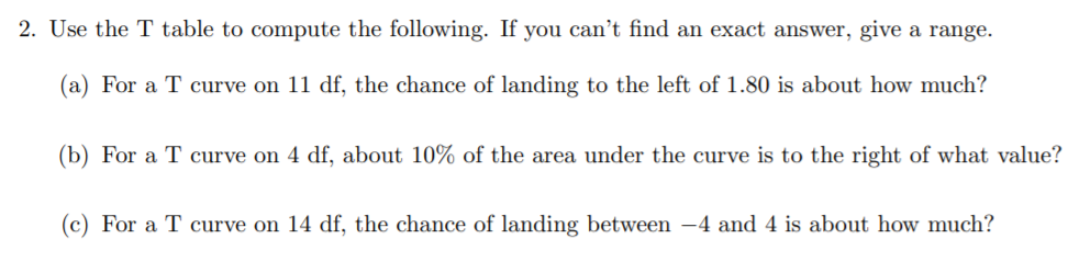 Solved 2. Use the T table to compute the following. If you | Chegg.com