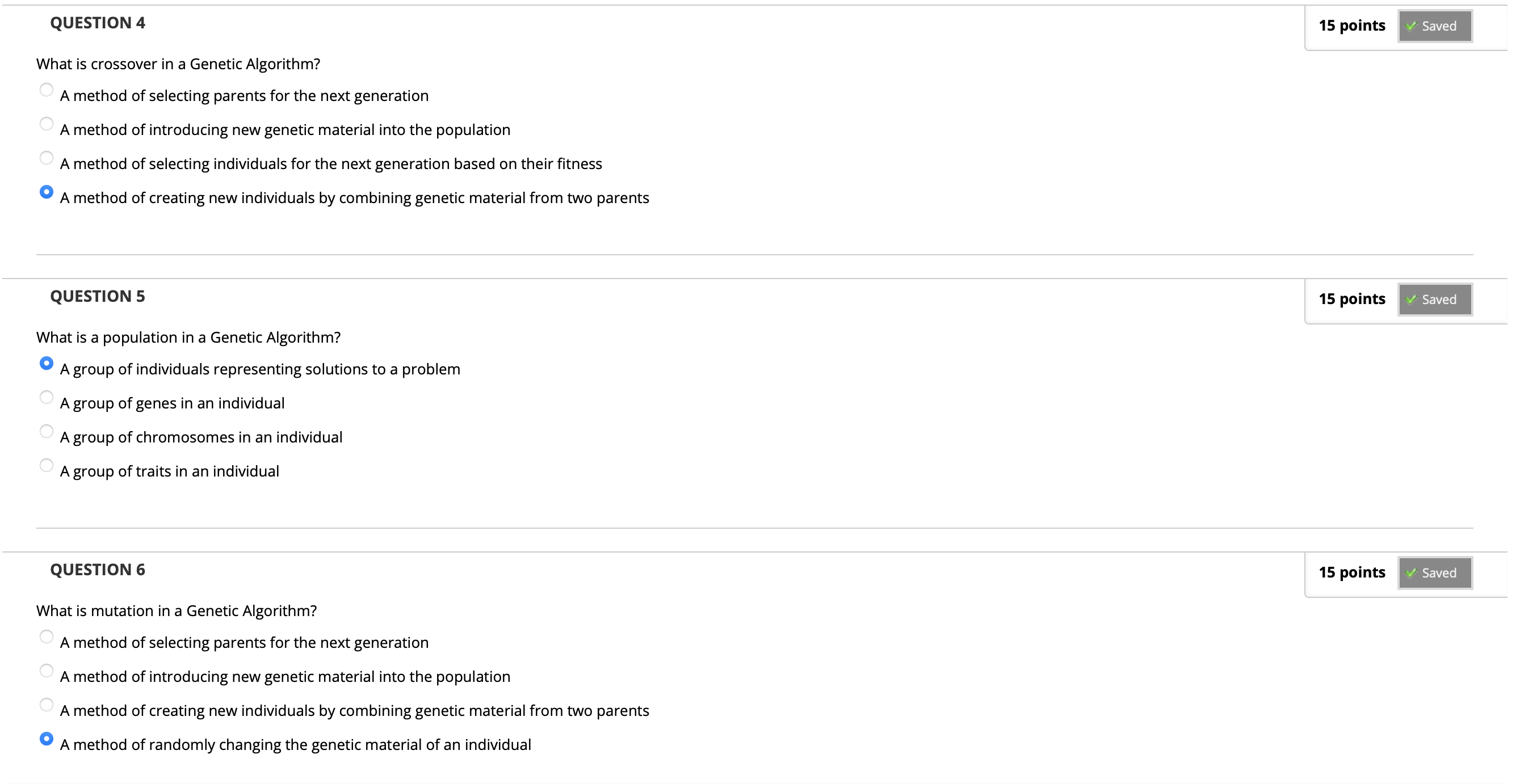 Solved What is crossover in a Genetic Algorithm? A method of