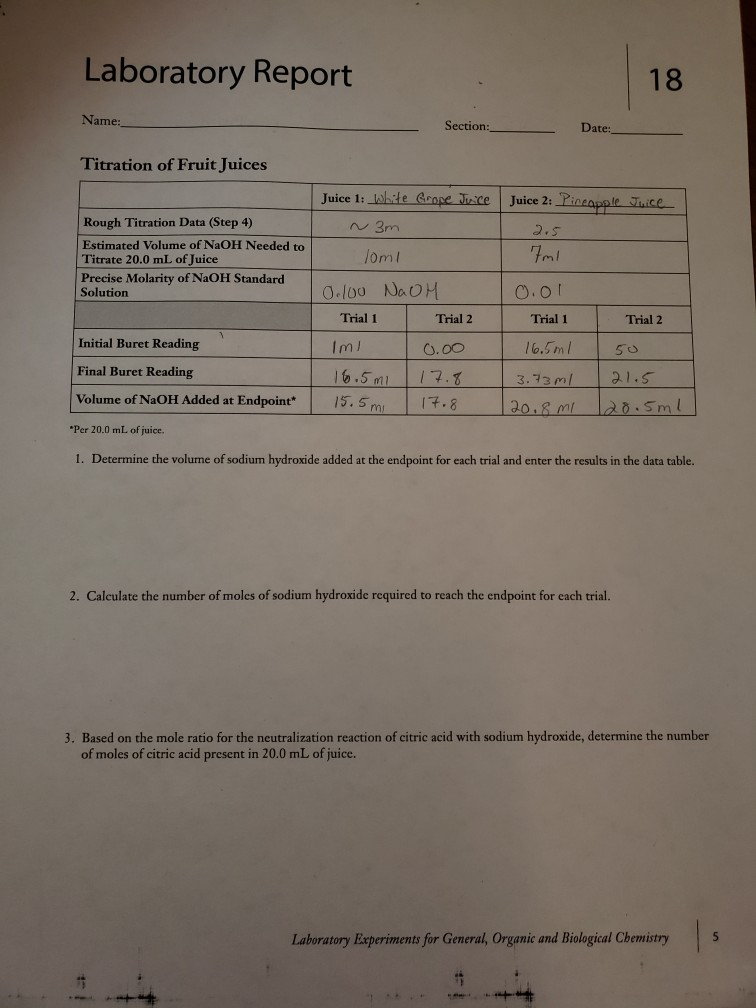 Solved Laboratory Report 18 Name Section Date Titration of