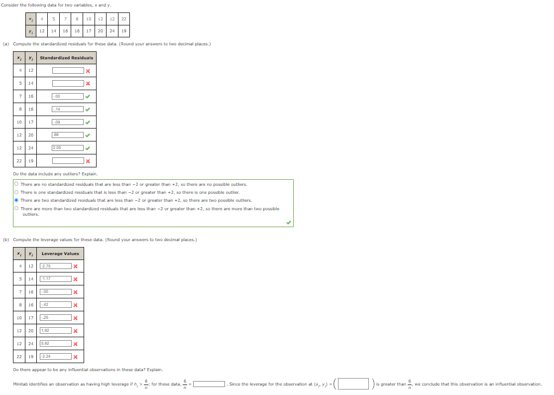 Consider the following data for two variables, \( x \) and \( y \).
(a) Compute the standardized residuals for these data. (R