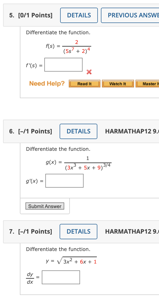 Solved 5. [0/1 Points] DETAILS PREVIOUS ANSWE Differentiate | Chegg.com