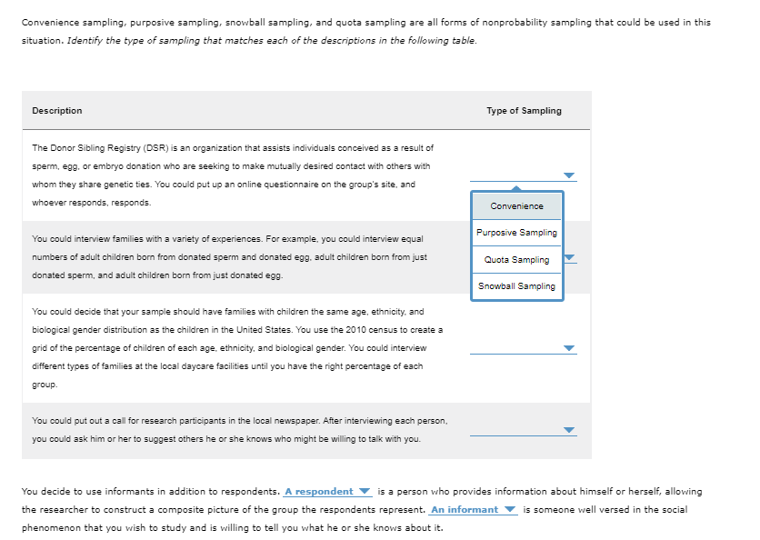 Convenience sampling, purposive sampling, snowball