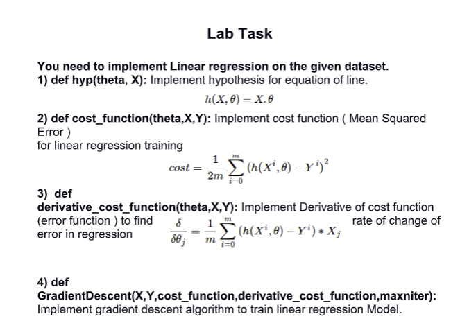 Solved You need to implement Linear regression on the given | Chegg.com image.