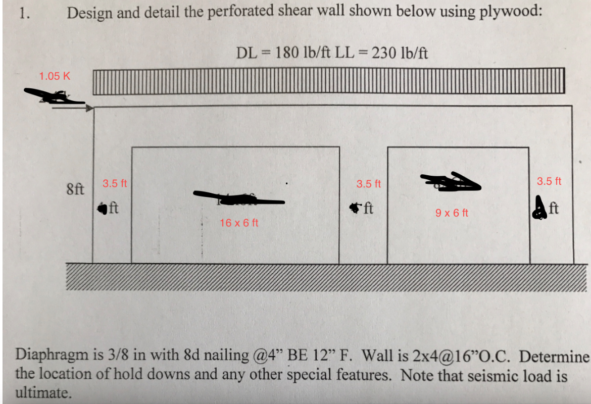 1. Design and detail the perforated shear wall shown