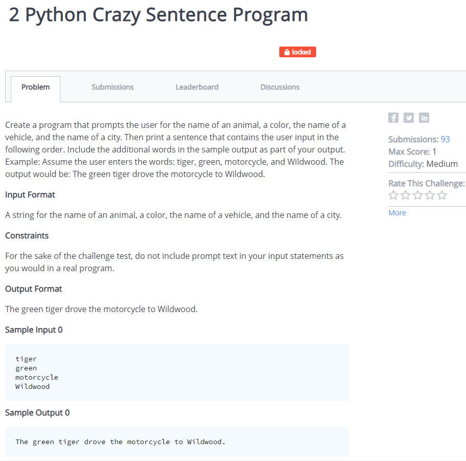 Solved 2 Python Crazy Sentence Program locked Problem | Chegg.com