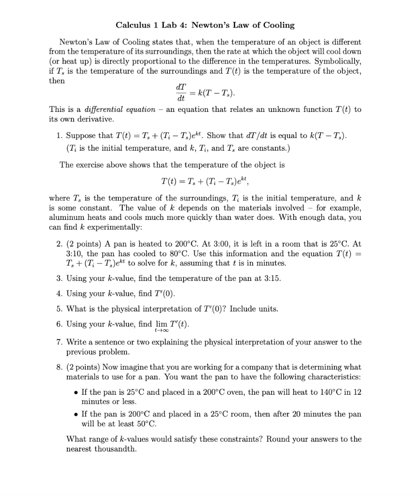 Solved Calculus 1 Lab 4: Newton's Law of Cooling Newton's | Chegg.com