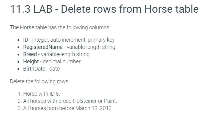 Solved 11 3 LAB Delete Rows From Horse Table The Horse