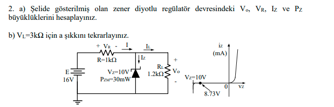 2. a) Vo, VR, IZ and PZ in the zener diode regulator | Chegg.com