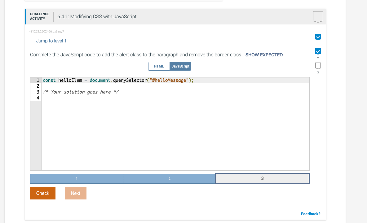 Solved Complete the JavaScript code to add the alert class | Chegg.com