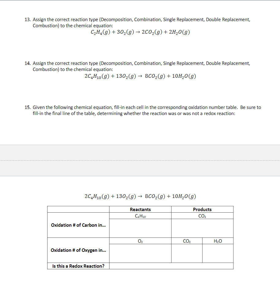 Solved 13. Assign the correct reaction type Decomposition