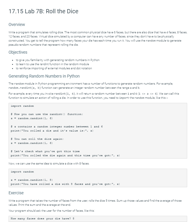Solved 17.15 Lab 7B: Roll the Dice Overview Write a program | Chegg.com