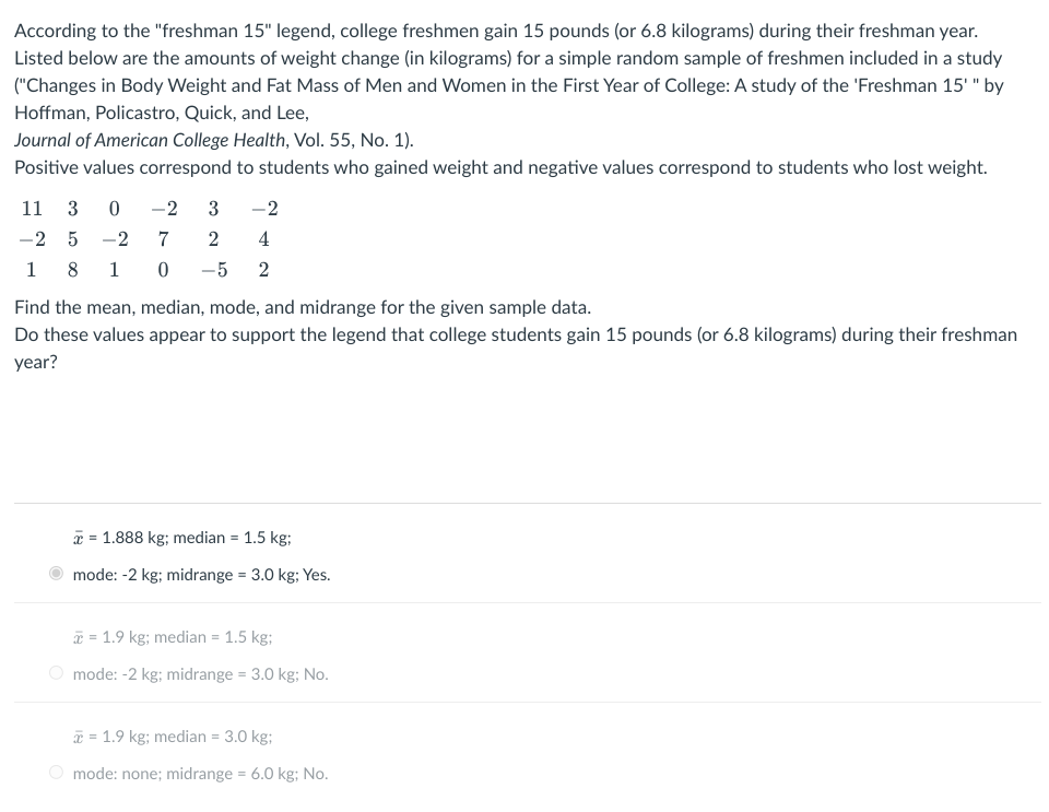 Solved According To The Freshman 15 Legend College Chegg Com