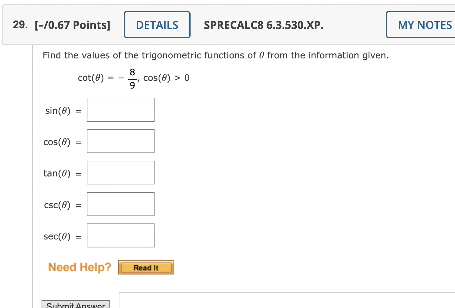 Solved Find The Values Of The Trigonometric Functions Of θ 8735