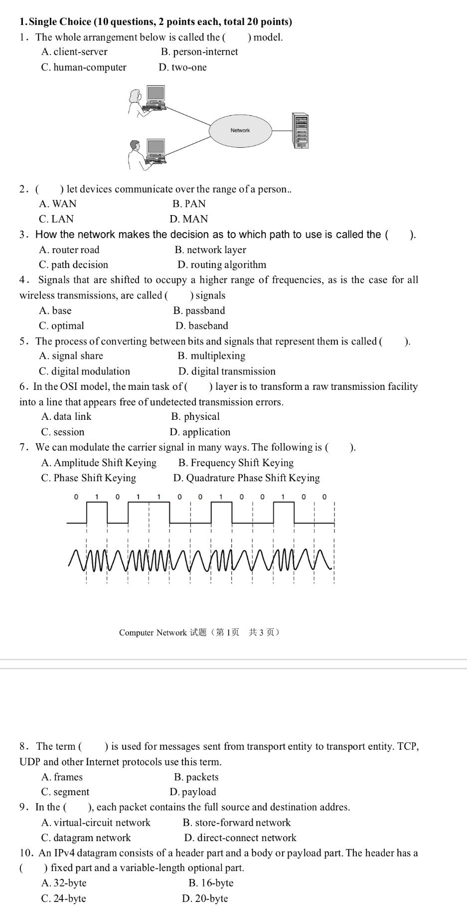 Solved 1. Single Choice (10 questions, 2 points each, total | Chegg.com