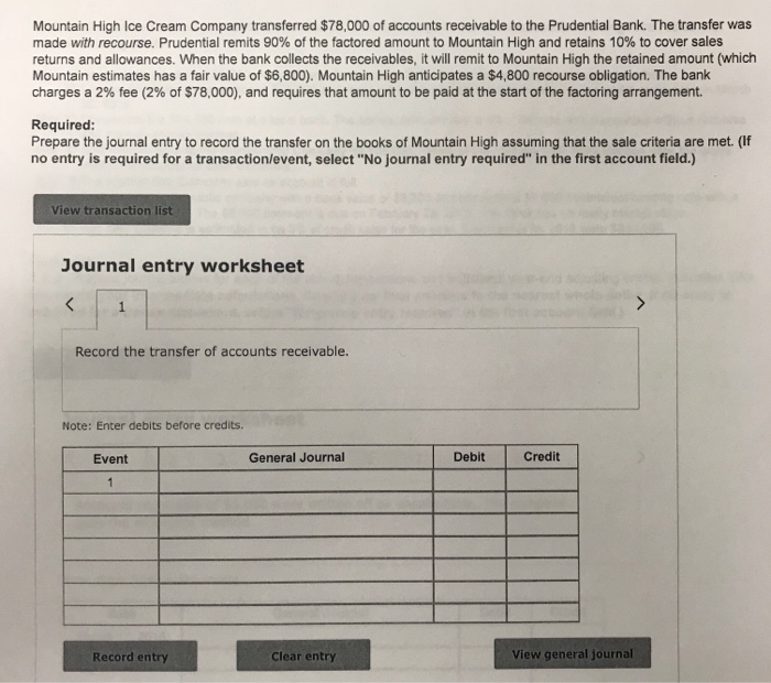 Solved Mountain High Ice Cream Company Transferred $78,000 | Chegg.com