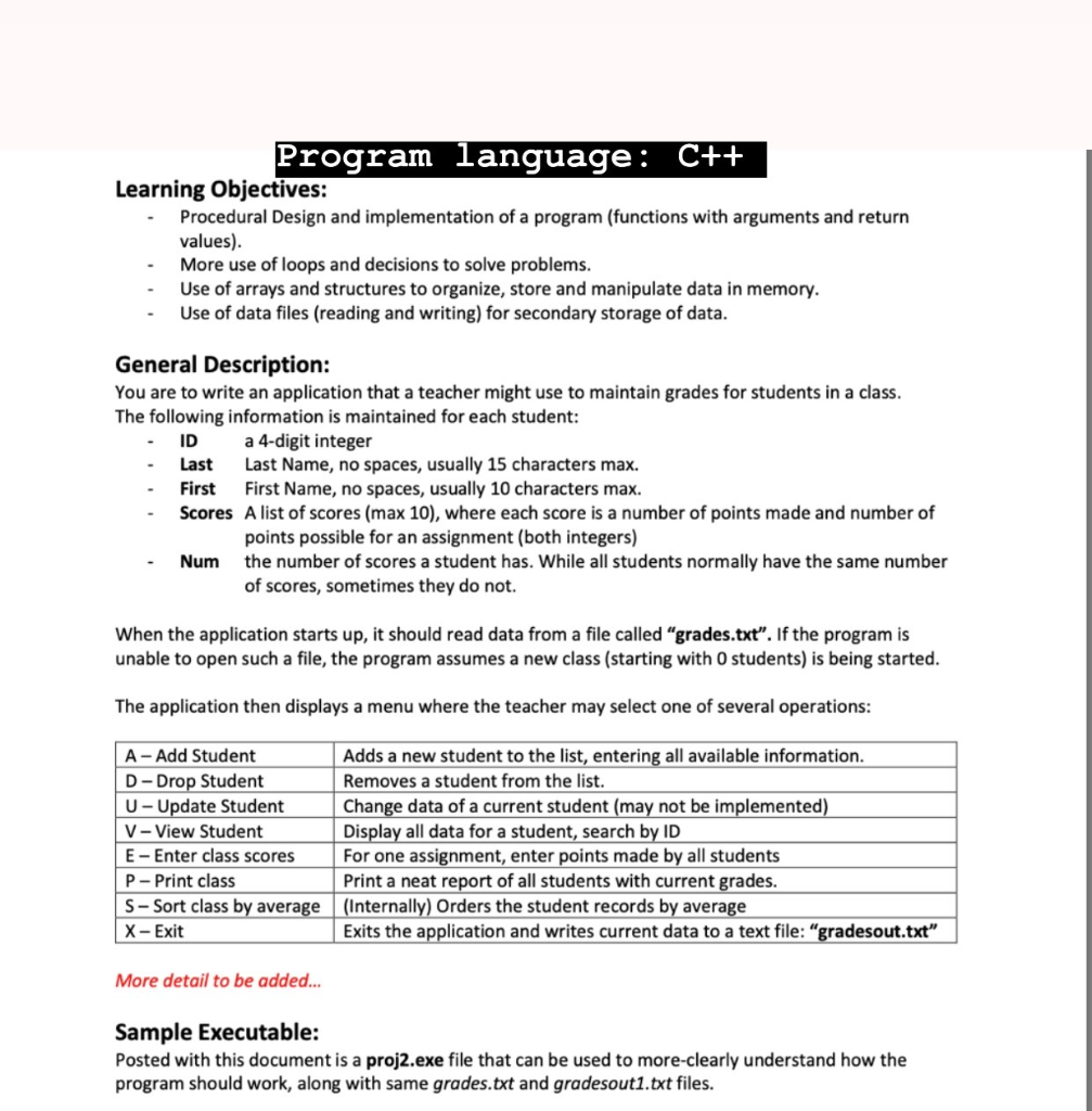 Program language: C++ Learning Objectives: - | Chegg.com