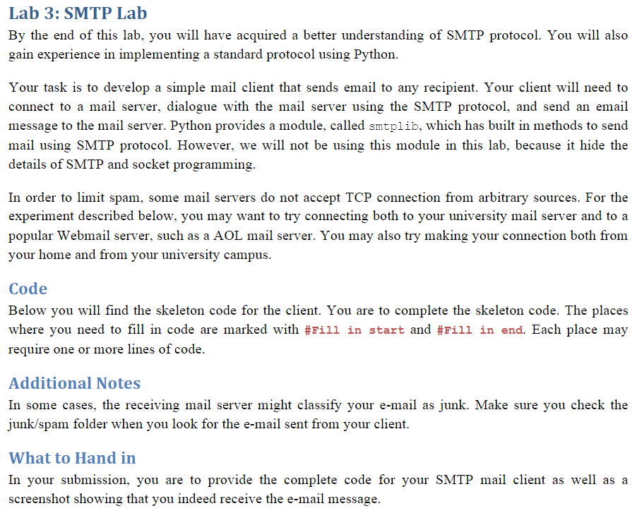 Solved Lab 3: SMTP Lab By the end of this lab, you will have | Chegg.com
