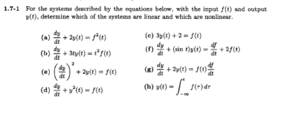 Solved 1.7-1 For the systems described by the equations | Chegg.com
