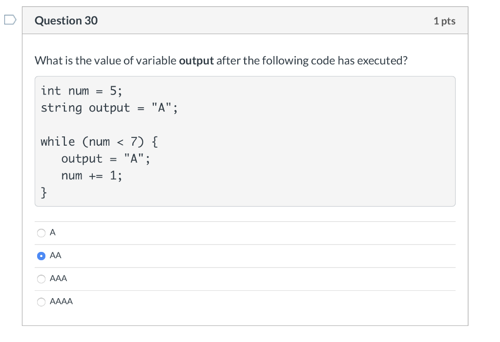 Solved Question 27 1 pts What is the value of variable | Chegg.com