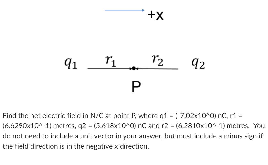 Find the net electric field in \( \mathrm{N} / \mathrm{C} \) at point \( \mathrm{P} \), where \( q 1=\left(-7.02 \times 10^{\