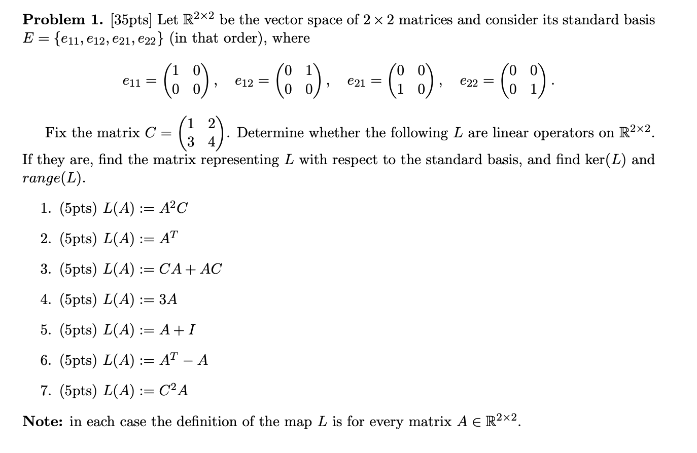 Solved Problem 1. [35pts] Let R2×2 be the vector space of | Chegg.com