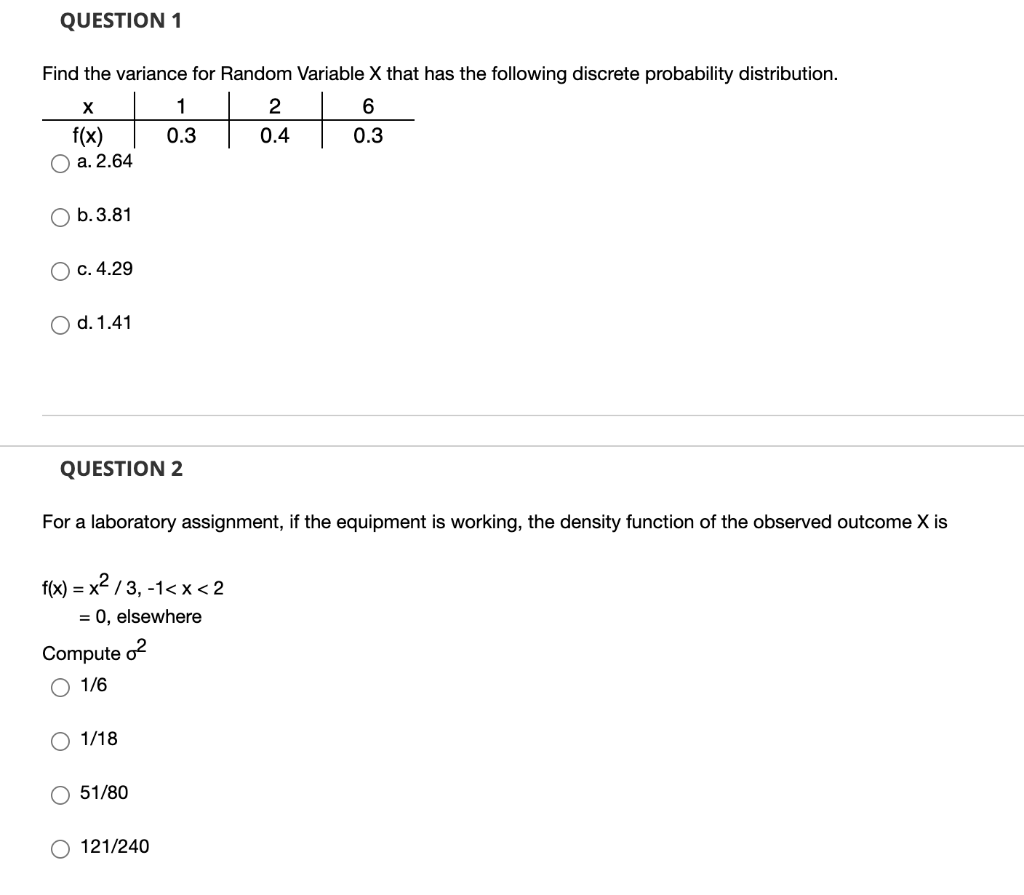 Solved QUESTION 1 Find The Variance For Random Variable X | Chegg.com