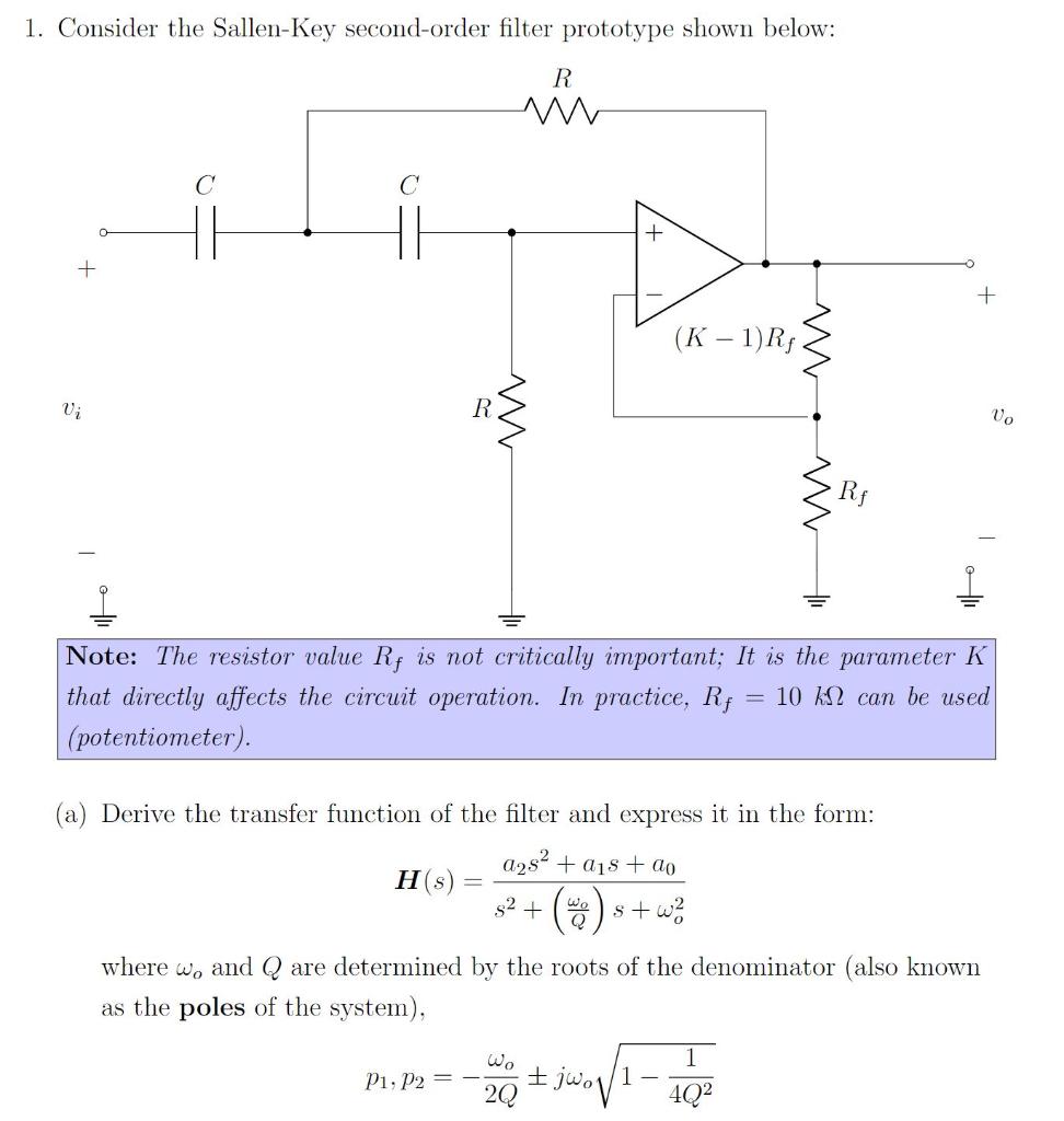 Solved 1. Consider the Sallen-Key second-order filter | Chegg.com