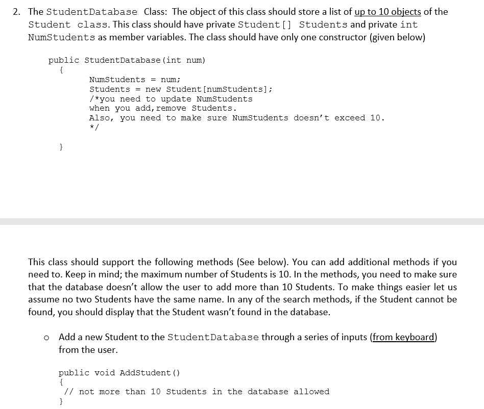 Solved 2. The Student Database Class: The object of this | Chegg.com