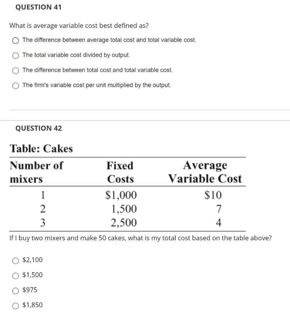 Solved QUESTION 41 What is average variable cost best | Chegg.com