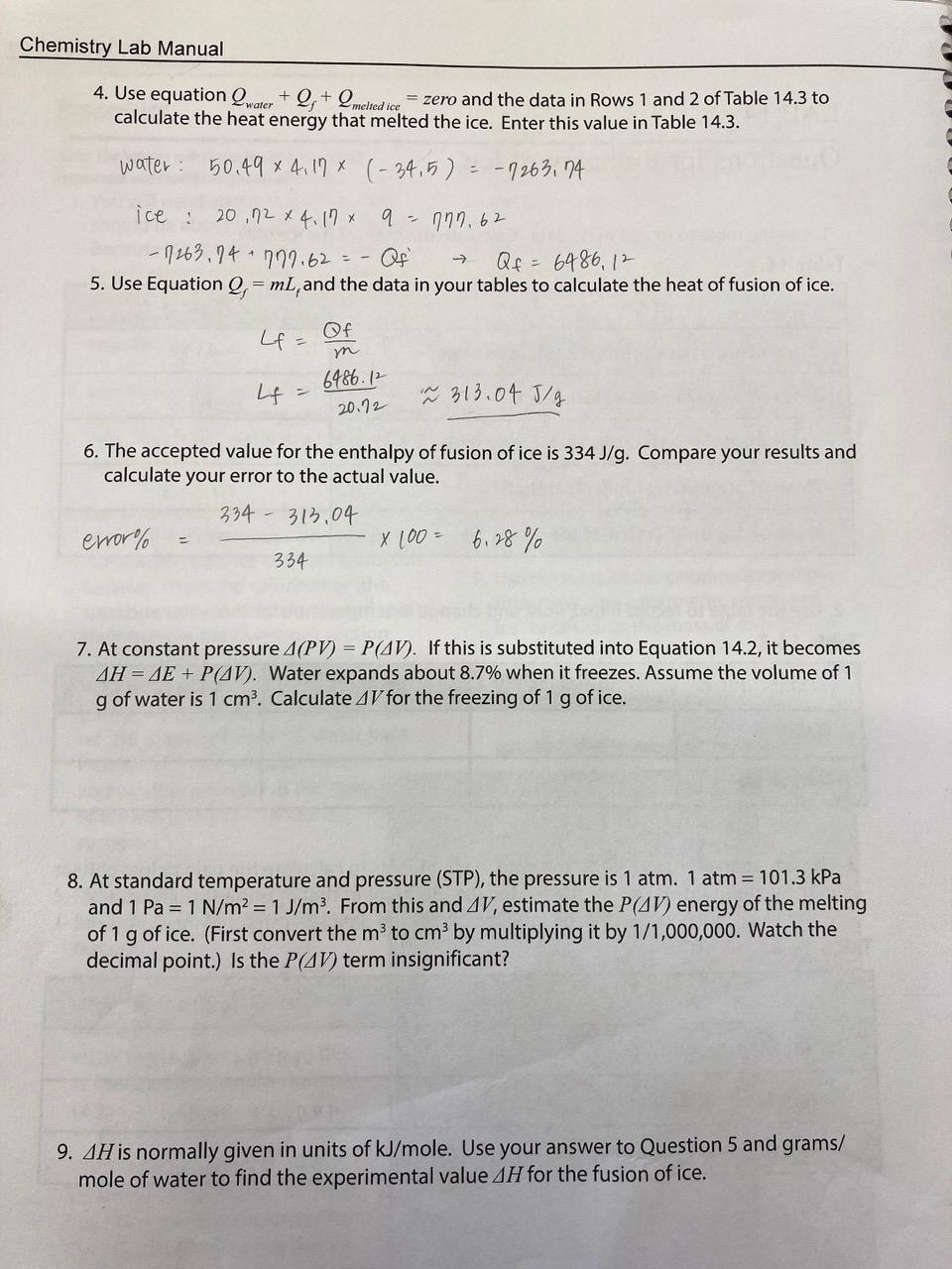 Solved lalpy of Ice LAB 14 Questions for Enthalpy of Ice 1.