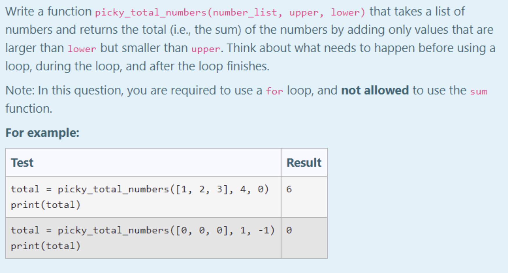 Solved Write a function picky_total_numbers (number_list, | Chegg.com