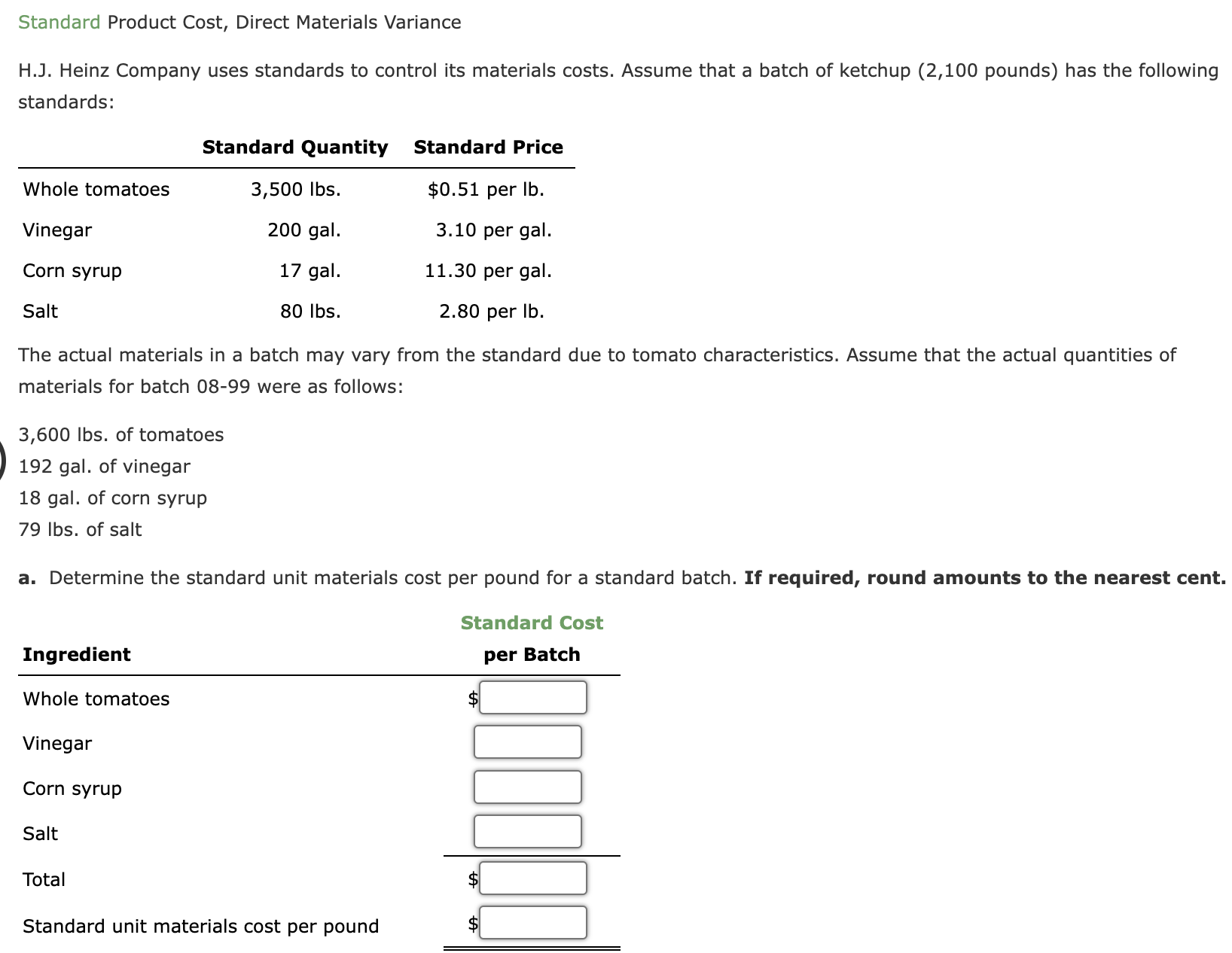 Standard Product Cost, Direct Materials Variance H.J.