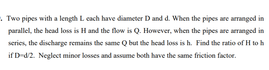 Solved · Two pipes with a length L each have diameter D and | Chegg.com