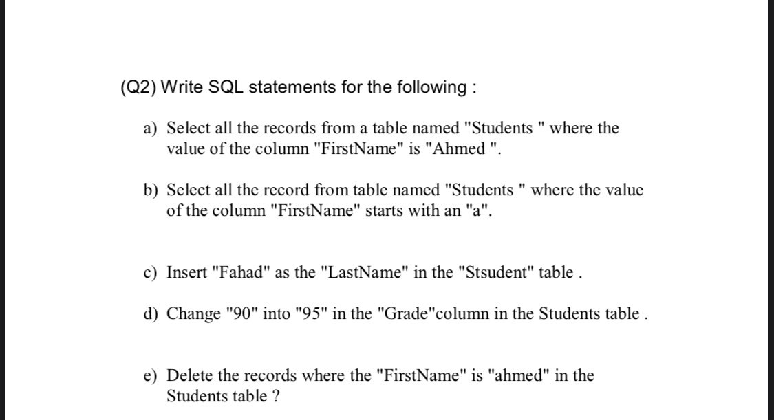 Solved (Q2) Write SQL statements for the following: a) | Chegg.com
